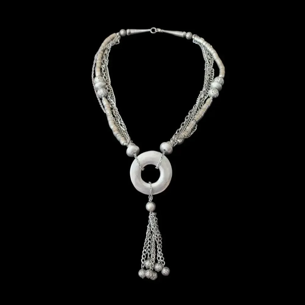 VNT Lariat Serpentine Tribal Statement Necklace Silver Multi Strand Tassel